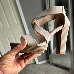 Report Cream Block Heel Sandals with Ankle Strap